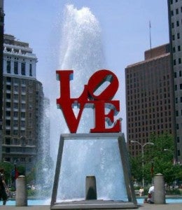 Love Park in Center City, Philadelphia, Pennsylvania. The park is nicknamed Love Park for Robert Indiana's Love sculpture which overlooks the plaza.