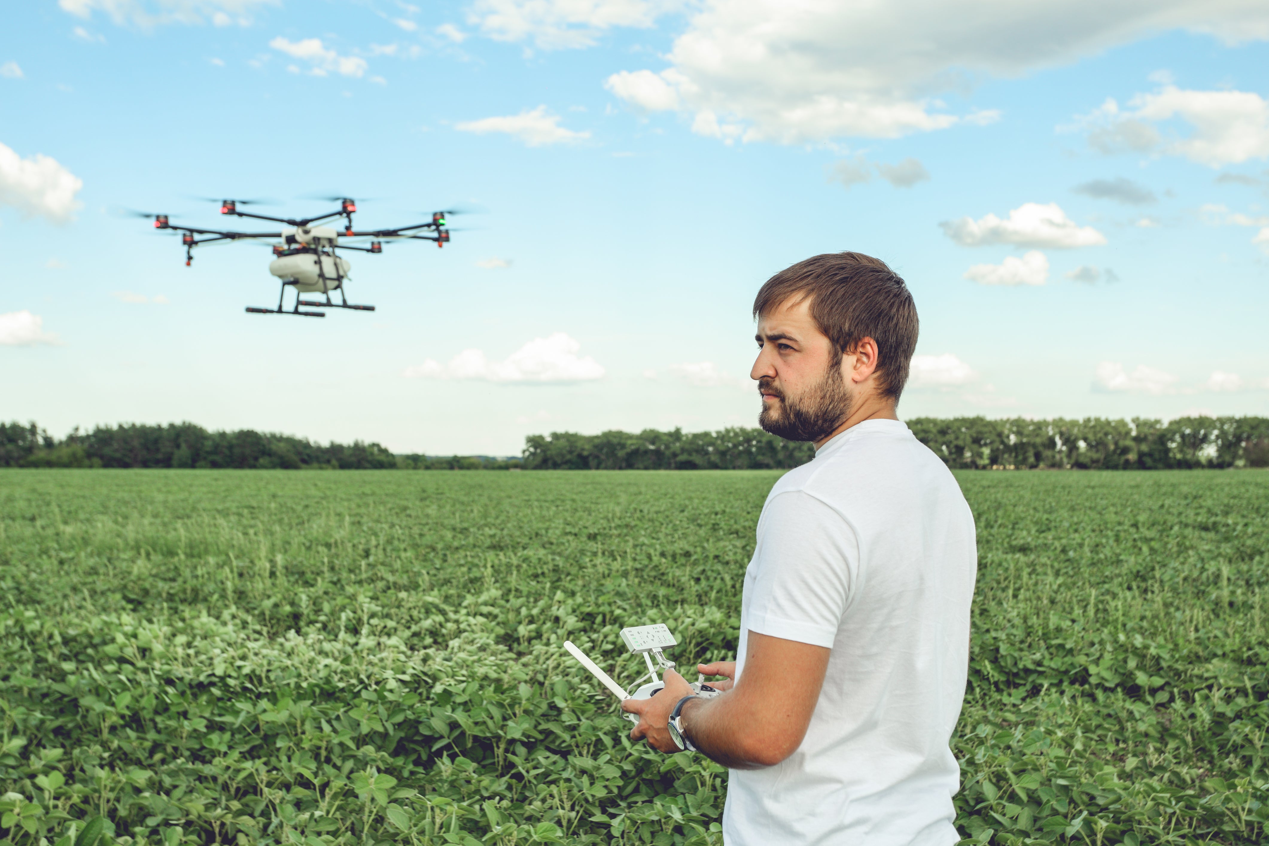 A farmer flies a drone to aerially inspect crop health.