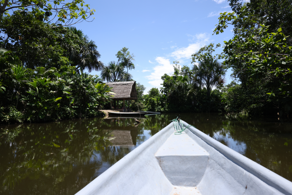 Boat on a river in the Ecuadorian Amazon rainforest