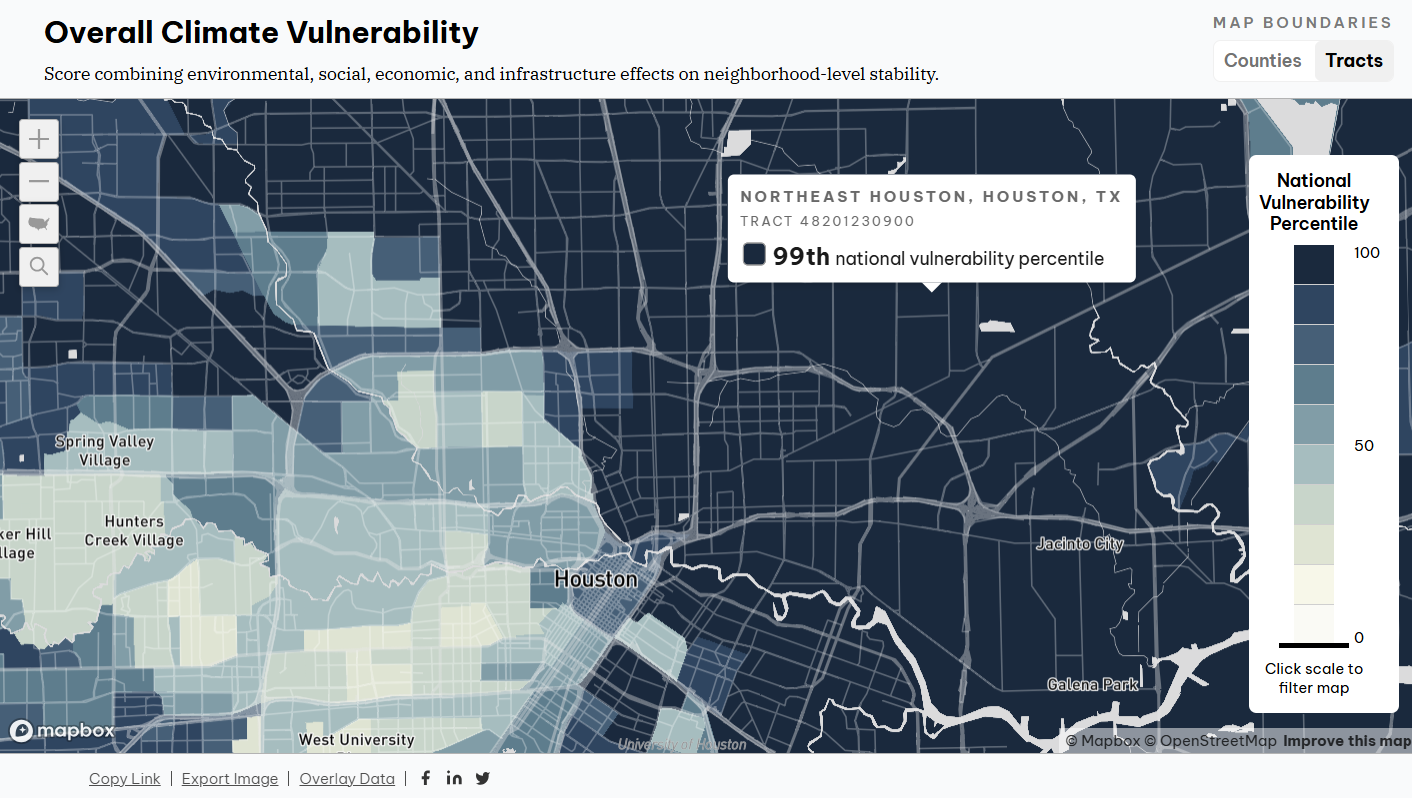 A data mapping of neighborhoods of Houston, TX that uses a gradient of colors.