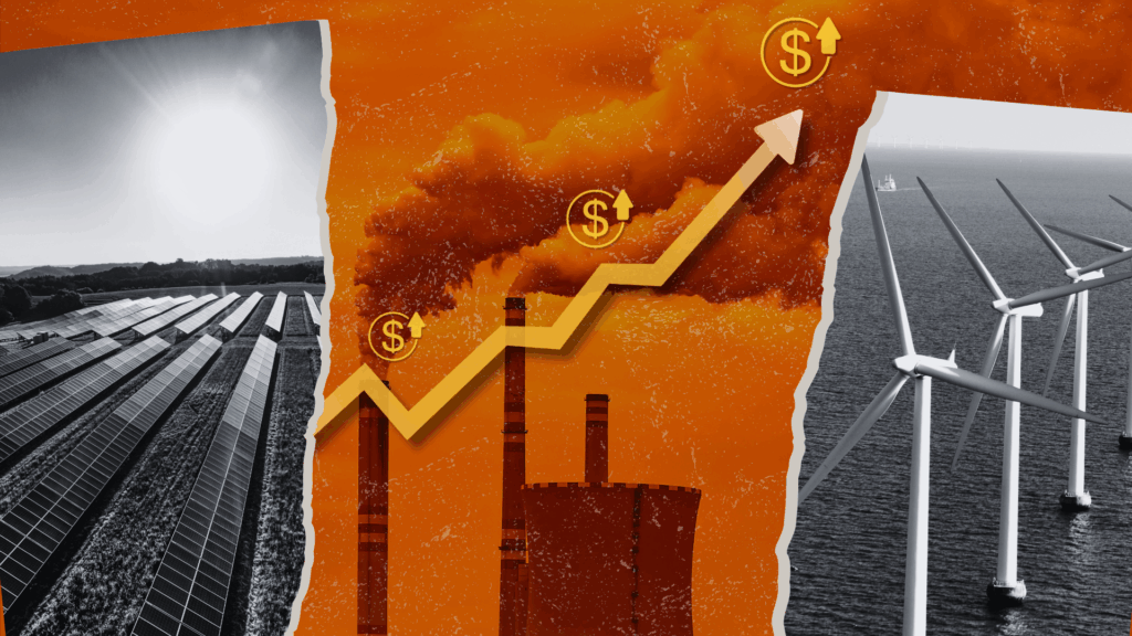 A black and white photograph of solar and wind projects is being torn in half to reveal a coal plant overlaid with an upward trend line to reflect rising costs.