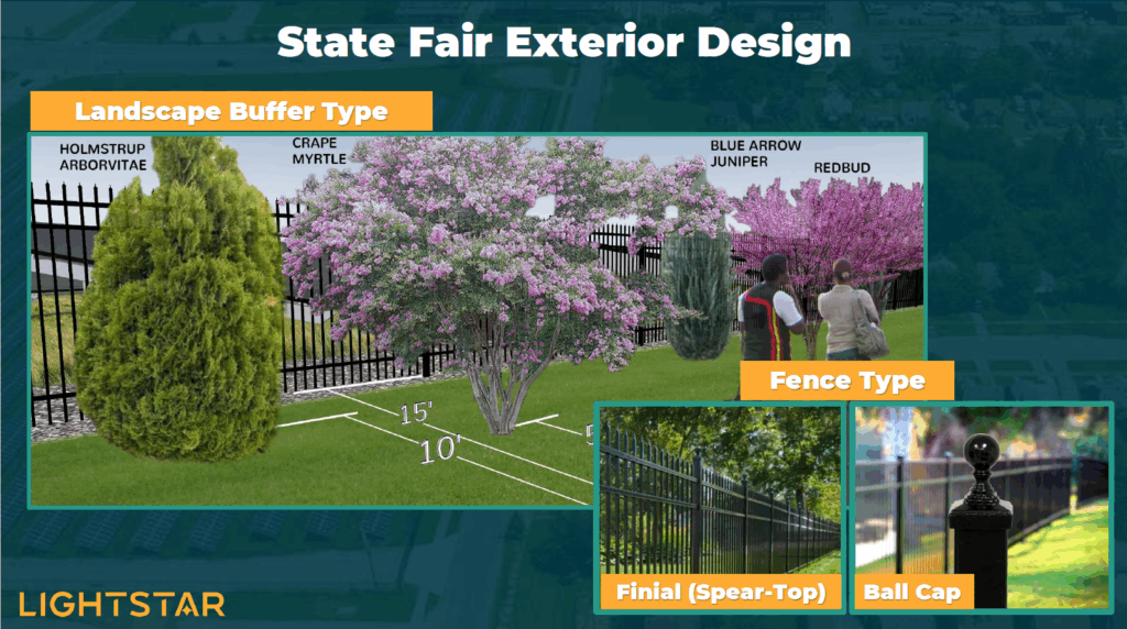An artists rendering of a community garden, showing various plants in front of a fence.