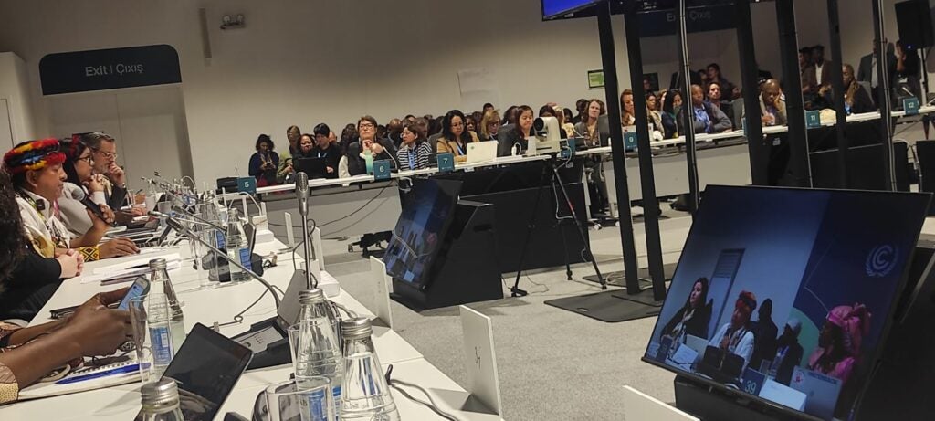 Juan Carlos Jintiach from the Global Alliance of Territorial Communities, speaking on direct access to finanance for Indigenous People at COP29. Photo by Bärbel Henneberger.