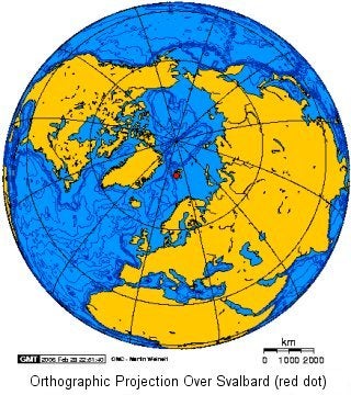 Orthographic projection over Svalbard (red dot).