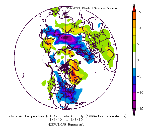 NOAA map of worldwide temperatures