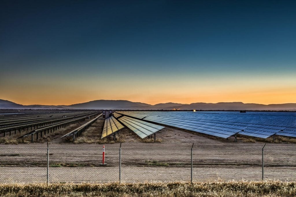 Caption: Solar farm in the Mojave Desert, California