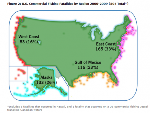 US Commercial Fishing Fatalities By Region 2000-2009, 504 total