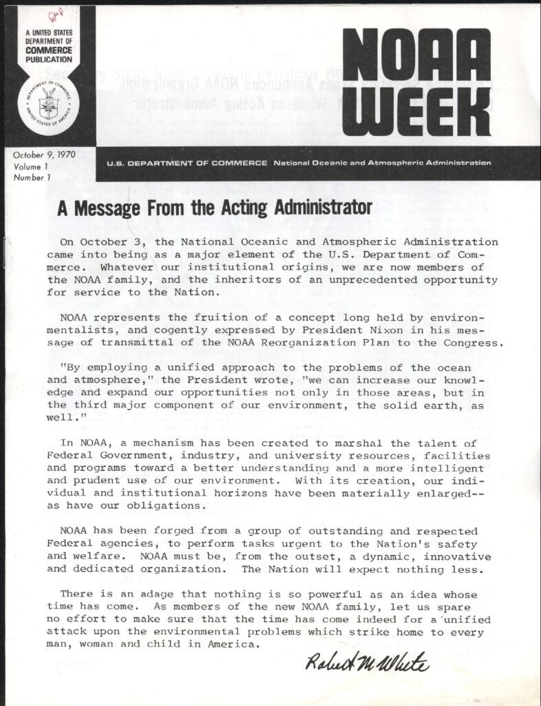 Letter from Robert White to NOAA employees upon formation of NOAA in 1970.