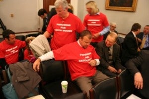 Fishermen supportive catch shares wear t-shirts voicing their support at the April 22, 2010 Natural Resources Committee hearing on catch shares and communities: "Fishermen for Catch Shares".