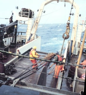 Fishermen hauling in a fishing trawl.