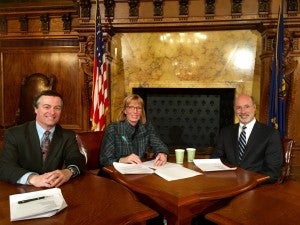 (From left to right) John Quigley, Secretary of Pennsylvania's Department of Environment Protection, joins Cindy Dunn, Secretary of the Department of Natural Resources and and Pennsylvania Governor Tom Wolf at a Facebook town hall event Jan. 19 to announce plans to regulate methane emissions from the state's oil and gas industry. 