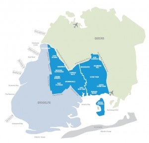 Map of the Brooklyn and Queens boroughs with the Neighborhood Program area highlighted in blue. 