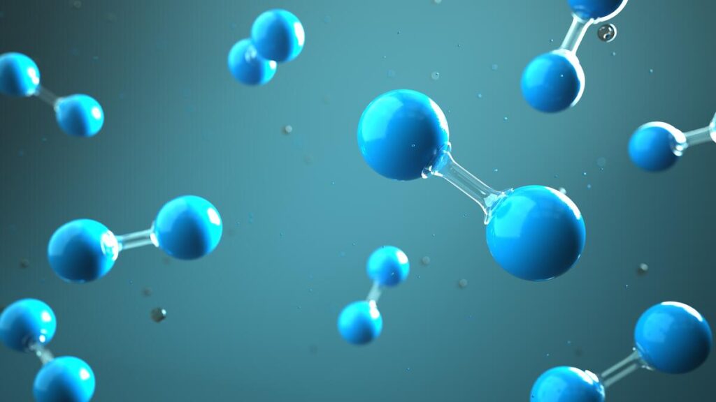 Blue hydrogen molecule in the liquid. 3d illustration.