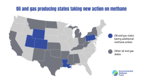 A map of the United States with state outlines. Pennsylvania, Louisiana, Colorado Wyoming and Utah are highlighted