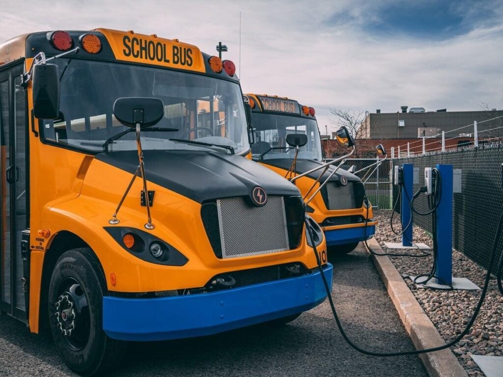 row of yellow Lion electric school buses charging