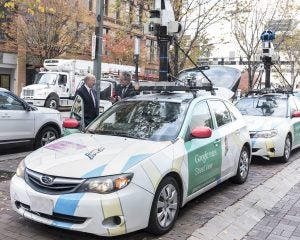 Pennsylvania Governor Tom Wolf and EDF Chief Scientist Steve Hamburg check out the methane-sniffing Google Street View car