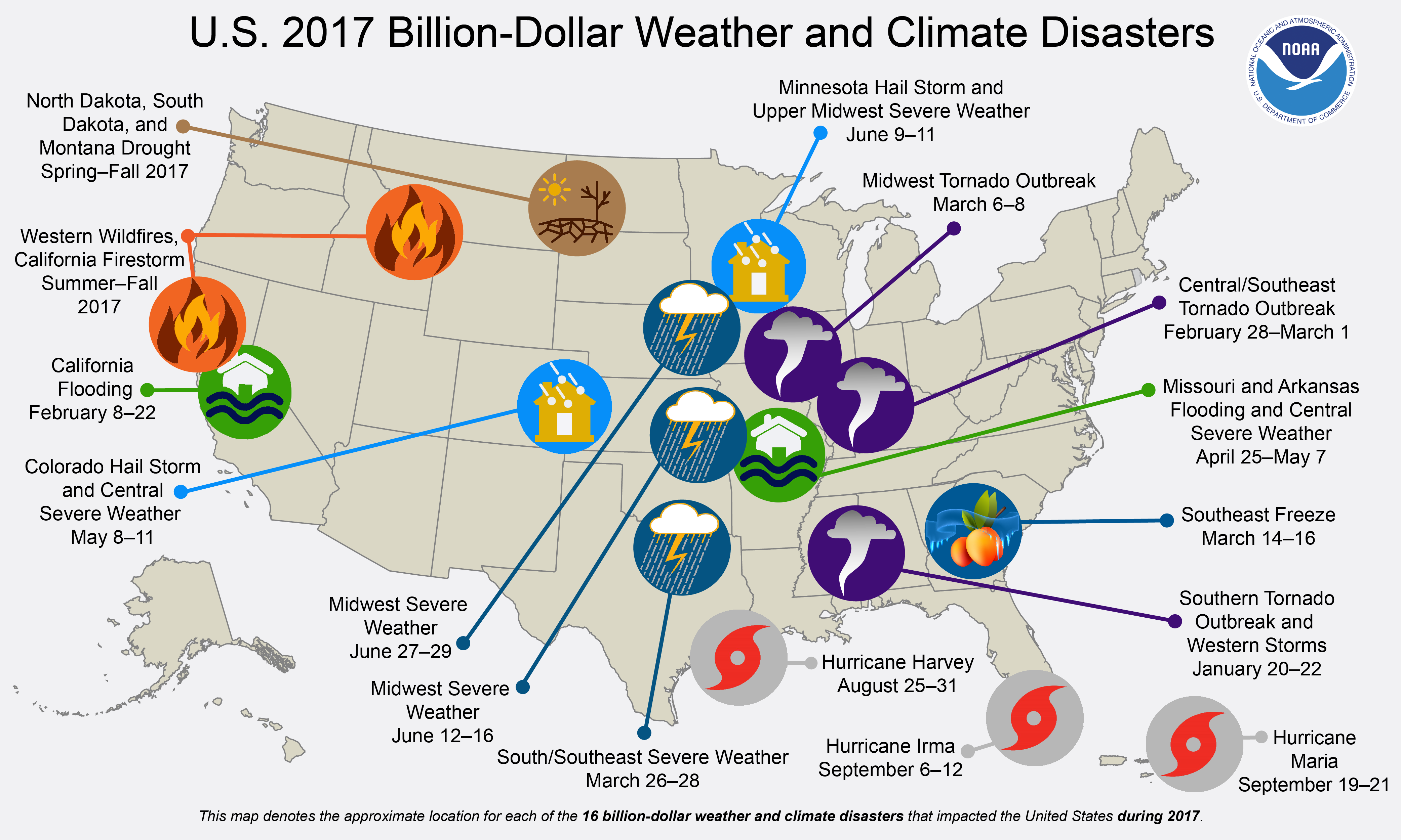 Map of U.S. billion-dollar weather and climate disasters in 2017