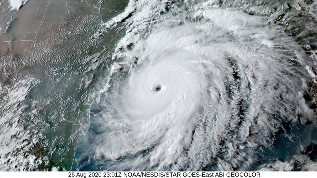 A satellite image of Hurricane Laura 2020