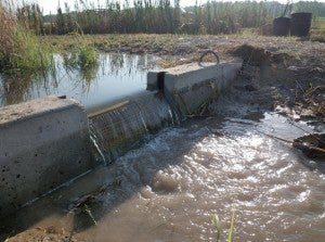 A small weir in an agricultural drainage ditch; photo from Mississippi State University