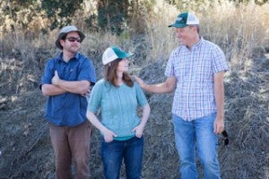 From left to right: EDF's Dan Kaiser and Ann Hayden speak with John Brennan, manager of Elliott Ranch. Credit: Mathew Grimm