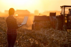 Farmer at sunset with tractor in the distance