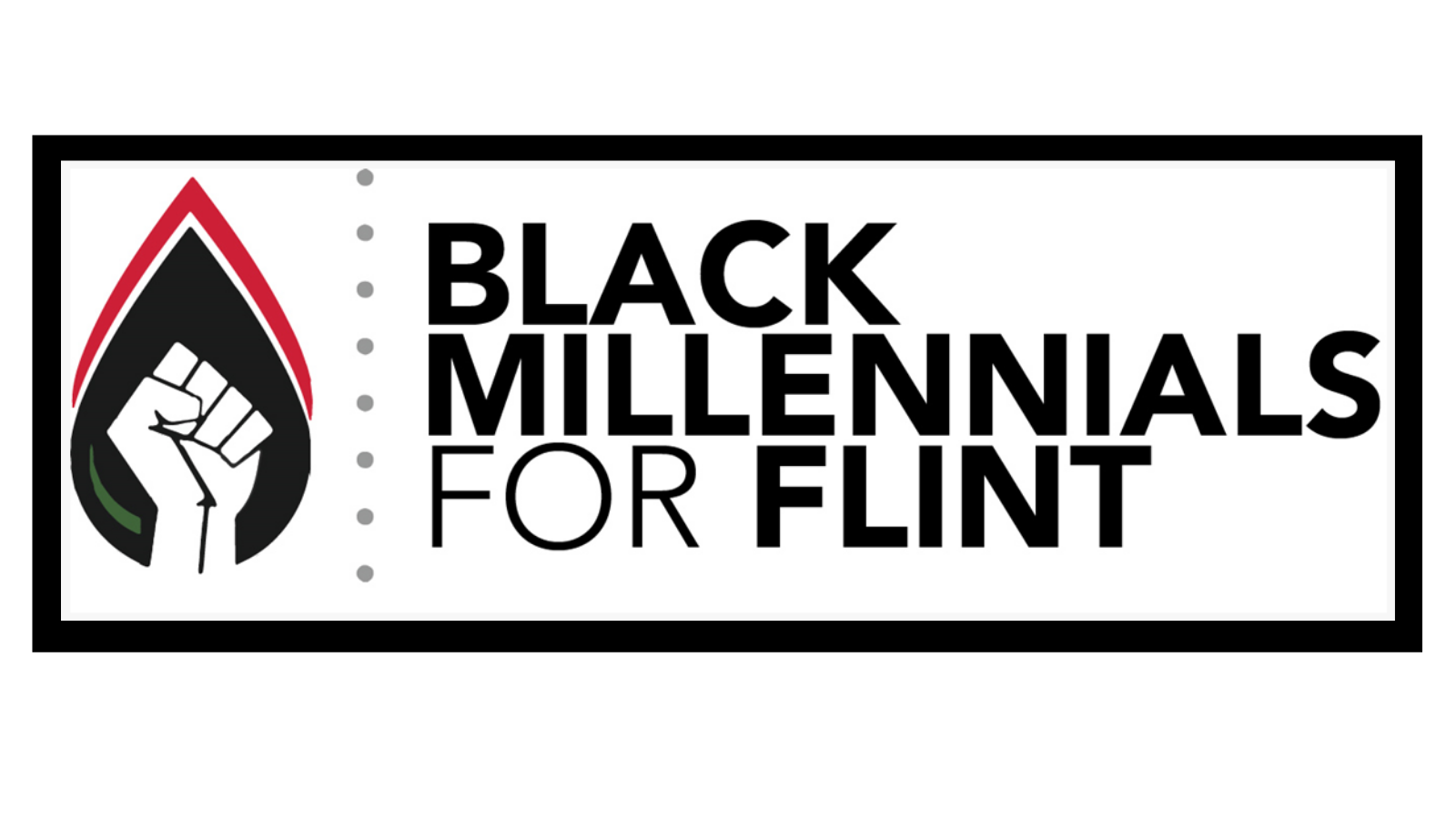 This photo shows the logo for Black Millennials for Flint. The organization's name is written in black with a picture of a black fist to the left of the name.