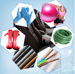 Items that require plasticizers for production. They include seats in cars, rain boots, a garden hose, medical gloves, an exercise ball, and rolls of wallpaper. 