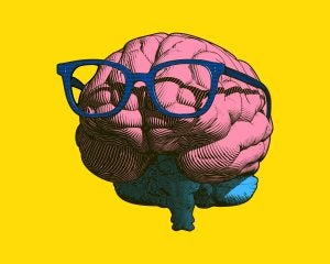 Illustration of a pink brain wearing glasses on a bright yellow background