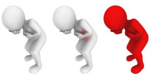 3 human figures showing stages of becoming ill. First figure is all white and standing up straight. Second figure is bent over and stomach area is red. Third figure is is all red, bent over, and appears to be vomiting.