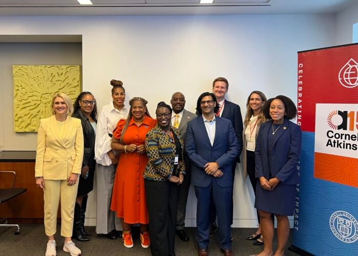 Cornell-Atkinson-NYCW-event-group Panelists gather for a group photo following the New York Climate Week event hosted by Cornell Atkinson Center for Sustainability and Environmental Defense Fund with the Community Data Health Initiative, City of Detroit, NYC Department of Health, NYU’s City Health program and the African American Mayors Association.