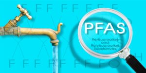 Faucet with liquid pouring out next to the word PFAS under a magnifying glass