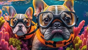 Illustration of two French bulldogs under water, wearing swimming goggles, surrounded by a colorful coral reef.
