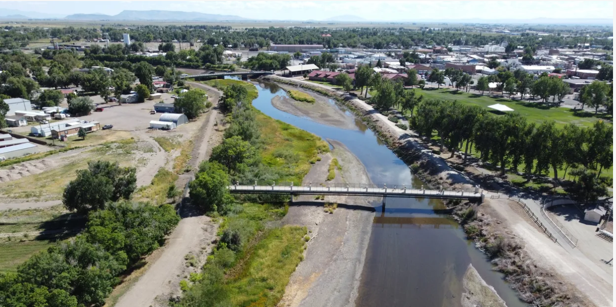 Aerial view of Rio Grande in the town of Alamosa, Colorado.