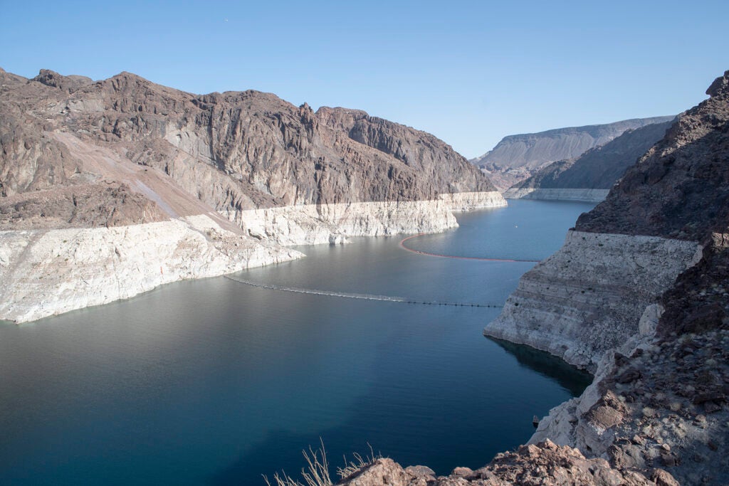 Lake Mead with "bathtub rings" highlighting how low water levels have fallen in the largest reservoir in the United States.