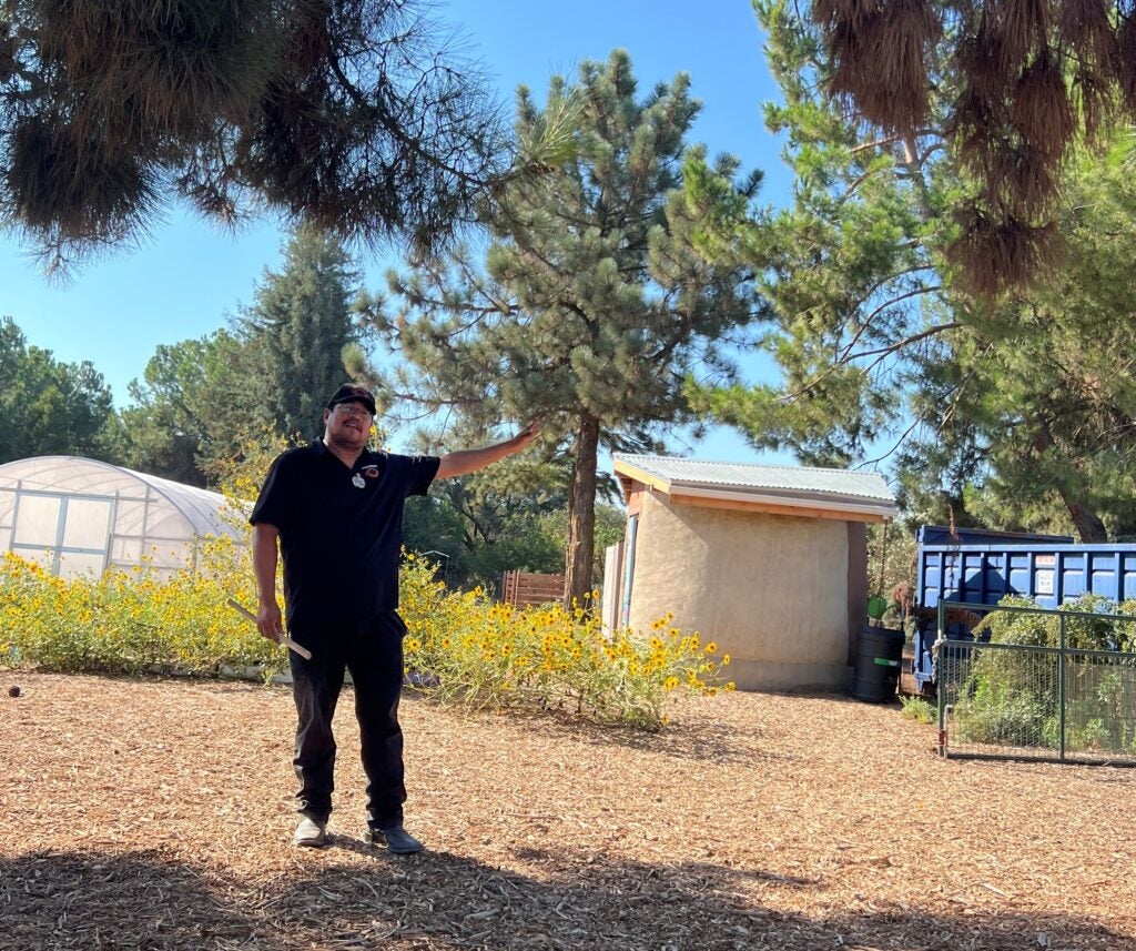 Farm manager stands with native plants, greenouse and seed bank in the background