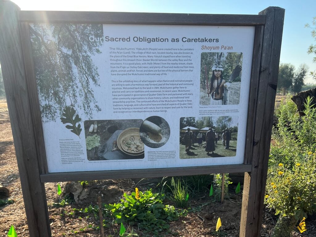 Sign at Wukchumni site about sacred obligation as caretakers