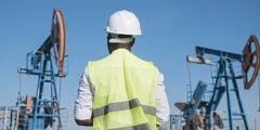 worker with oil derricks