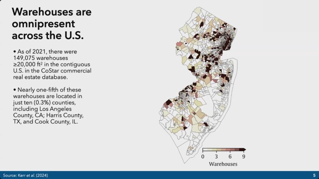 A map from a presentation by Dr. Gaige Kerr of George Washington University showing recent research that he led earlier this year on the rise of warehouses across the United States.